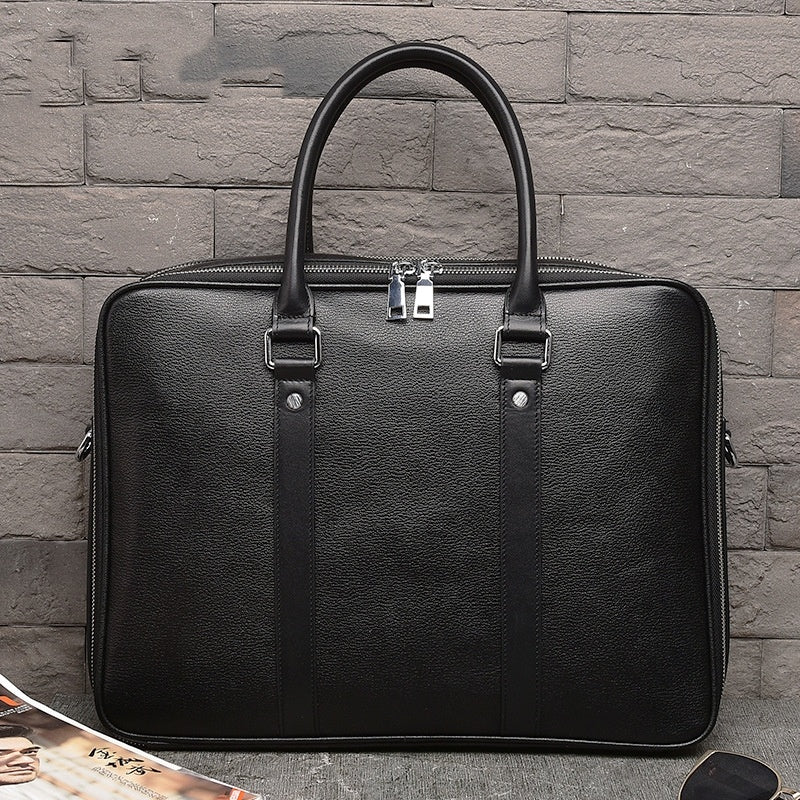 Men's Real-leather Handbag Double Zipper Cattlehide Leather Fashion