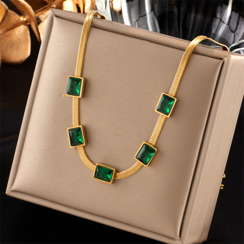 Simple Square Green Zircon Titanium Steel Necklace And Bracelet Suit Combination