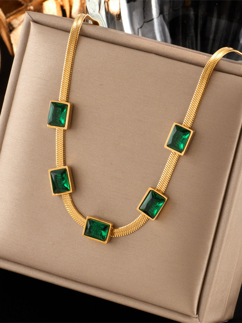 Simple Square Green Zircon Titanium Steel Necklace And Bracelet Suit Combination