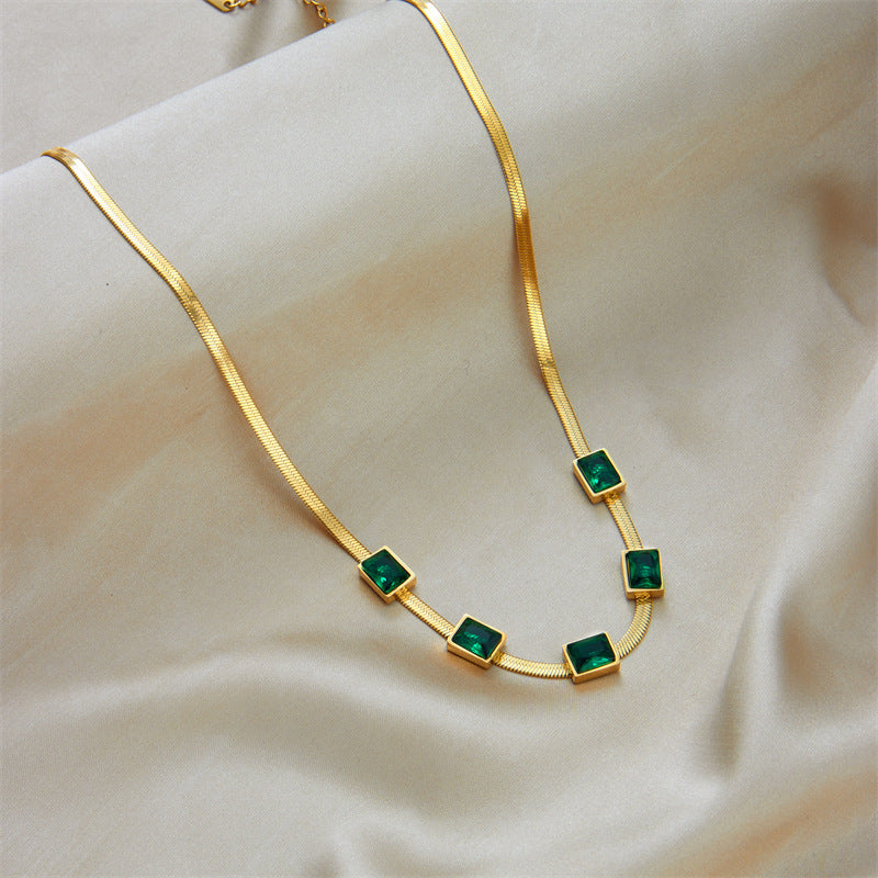 Simple Square Green Zircon Titanium Steel Necklace And Bracelet Suit Combination