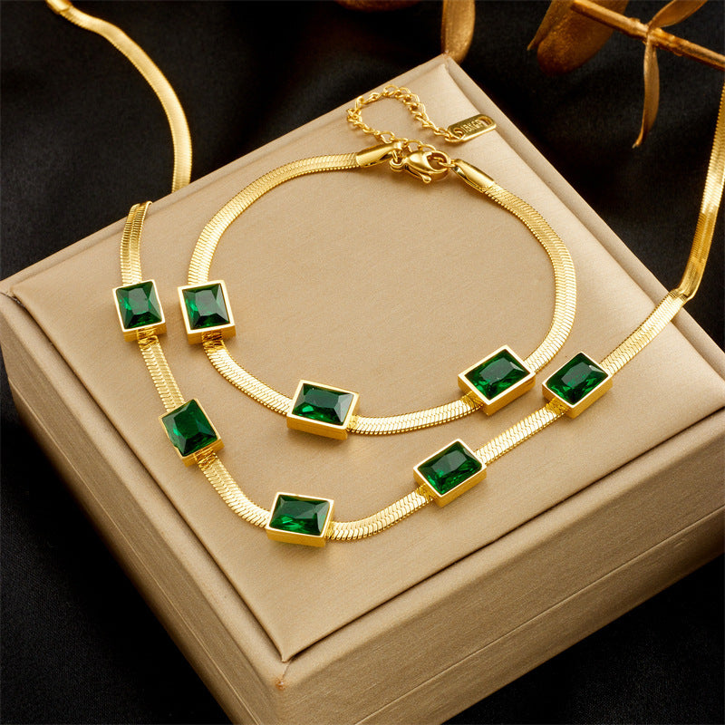 Simple Square Green Zircon Titanium Steel Necklace And Bracelet Suit Combination