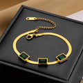 Simple Square Green Zircon Titanium Steel Necklace And Bracelet Suit Combination