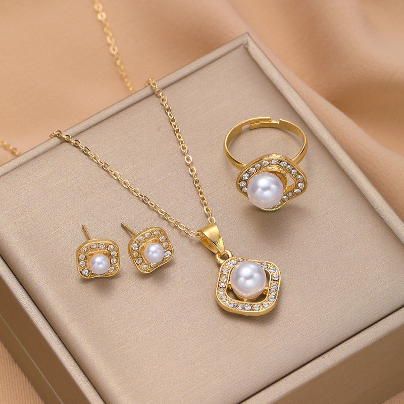 Fashion Rhinestone Pearl Square Necklace Suit