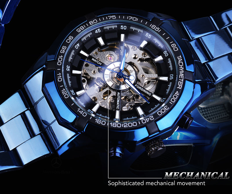 Casual Hollow Blue Plating Automatic Mechanical Watch