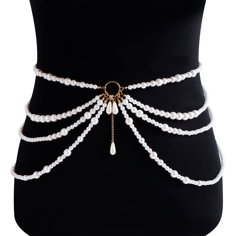 Fashion Multi-layer Pearl Metal Flying Ring Tower Silk Sling Waist Chain